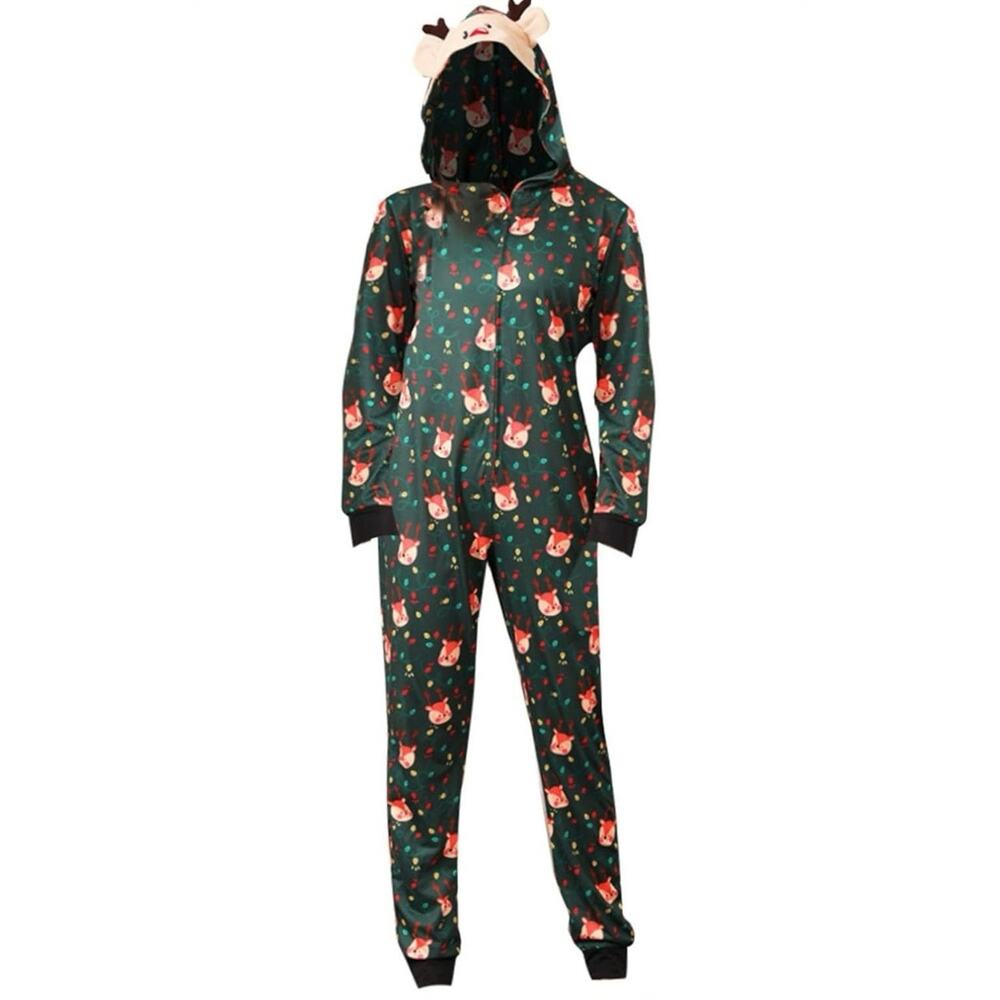 Womens Long Sleeve One Piece Pajama, outfit, Loungewear, Deer, Green, Small